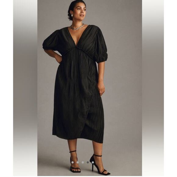 Anthropologie V-Neck Pleated Midi Dress Size X Large - Picture 1 of 6